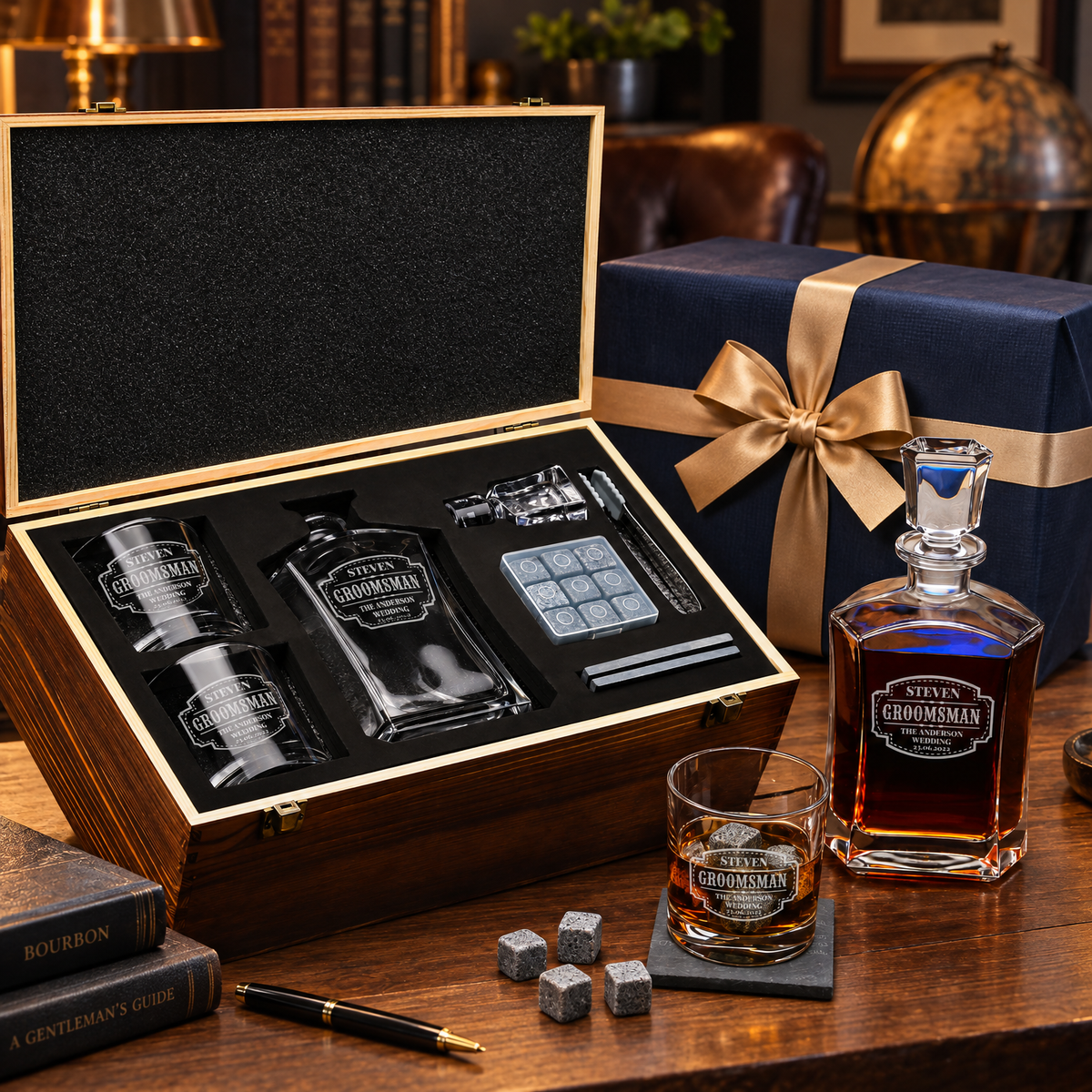 Groomsman Gift – Slick Decanter Set with 2 Glasses, 9 Whiskey Stones & Wooden Box product image