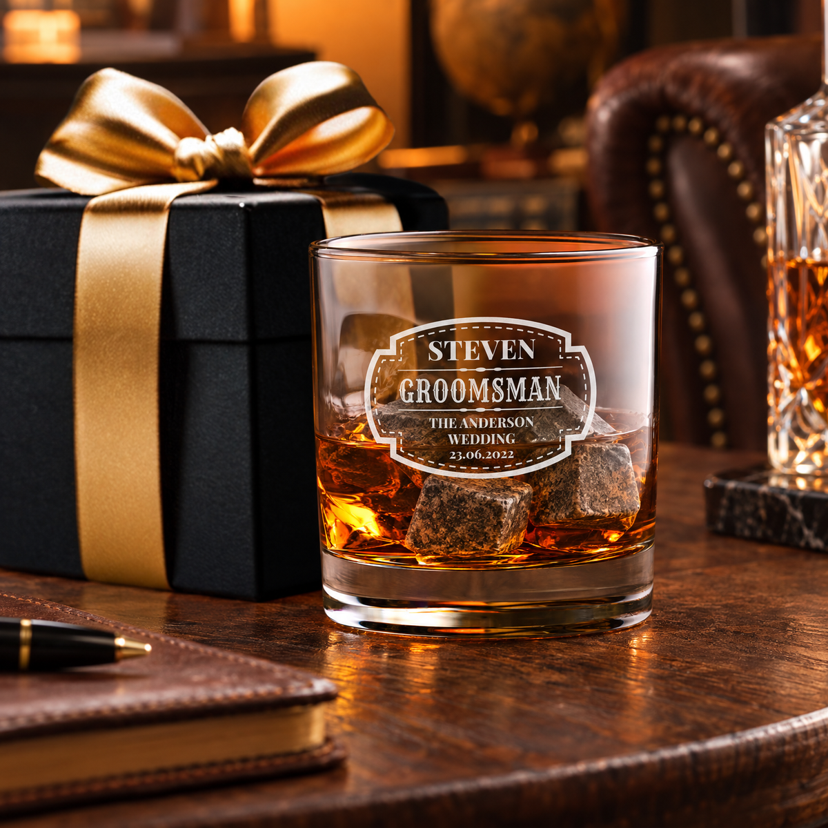 Groomsman Gift – Slick Decanter Set with 2 Glasses, 9 Whiskey Stones & Wooden Box – image 06