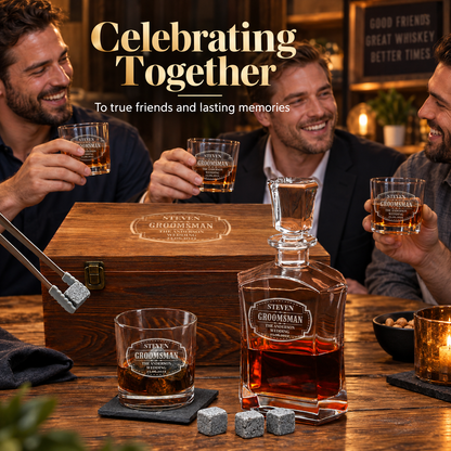 Groomsman Gift – Slick Decanter Set with 2 Glasses, 9 Whiskey Stones & Wooden Box – image 07
