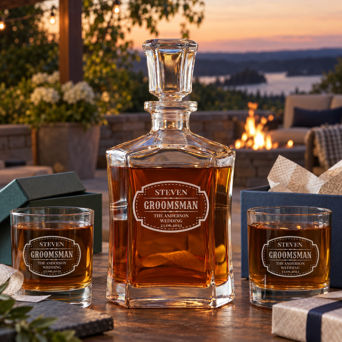 Groomsman Gift – Slick Decanter Set with 2 Glasses, 9 Whiskey Stones & Wooden Box product image
