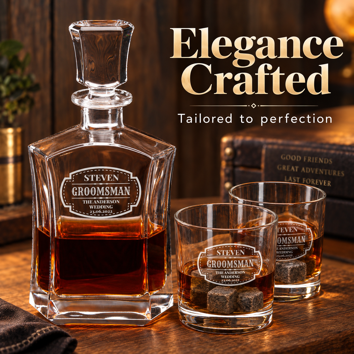 Groomsman Gift – Slick Decanter Set with 2 Glasses, 9 Whiskey Stones & Wooden Box product image