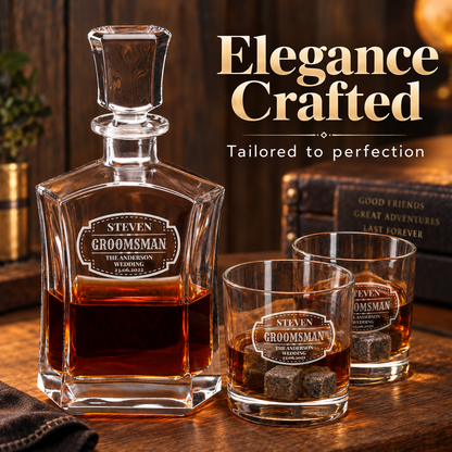 Groomsman Gift – Slick Decanter Set with 2 Glasses, 9 Whiskey Stones & Wooden Box – image 12