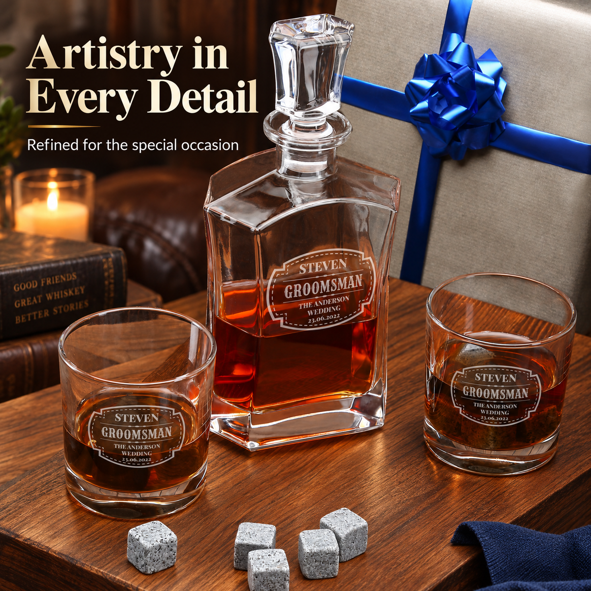 Groomsman Gift – Slick Decanter Set with 2 Glasses, 9 Whiskey Stones & Wooden Box – image 16
