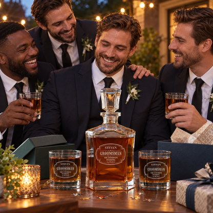 Groomsman Gift – Slick Decanter Set with 2 Glasses, 9 Whiskey Stones & Wooden Box – image 17