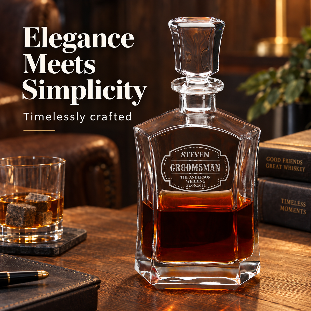 Groomsman Gift – Slick Decanter Set with 2 Glasses, 9 Whiskey Stones & Wooden Box product image