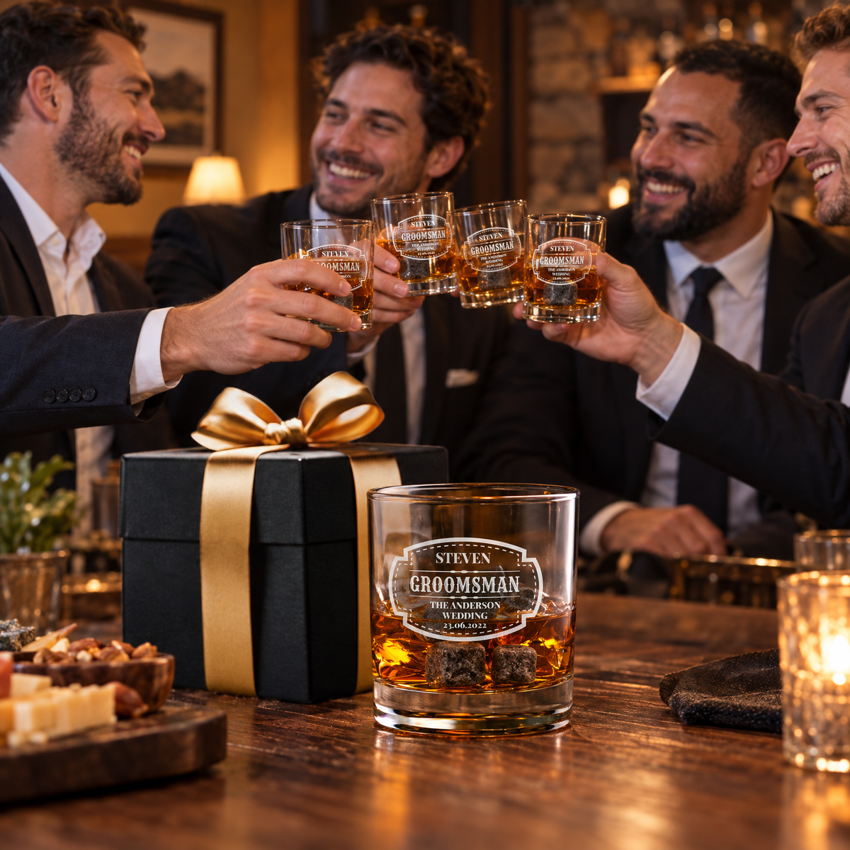 Groomsman Gift – Slick Decanter Set with 2 Glasses, 9 Whiskey Stones & Wooden Box product image