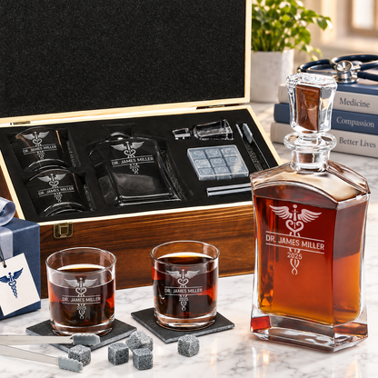 Healthcare Company Gifts – Slick Decanter Set with 2 Glasses, 9 Whiskey Stones & Wooden Box – image 01