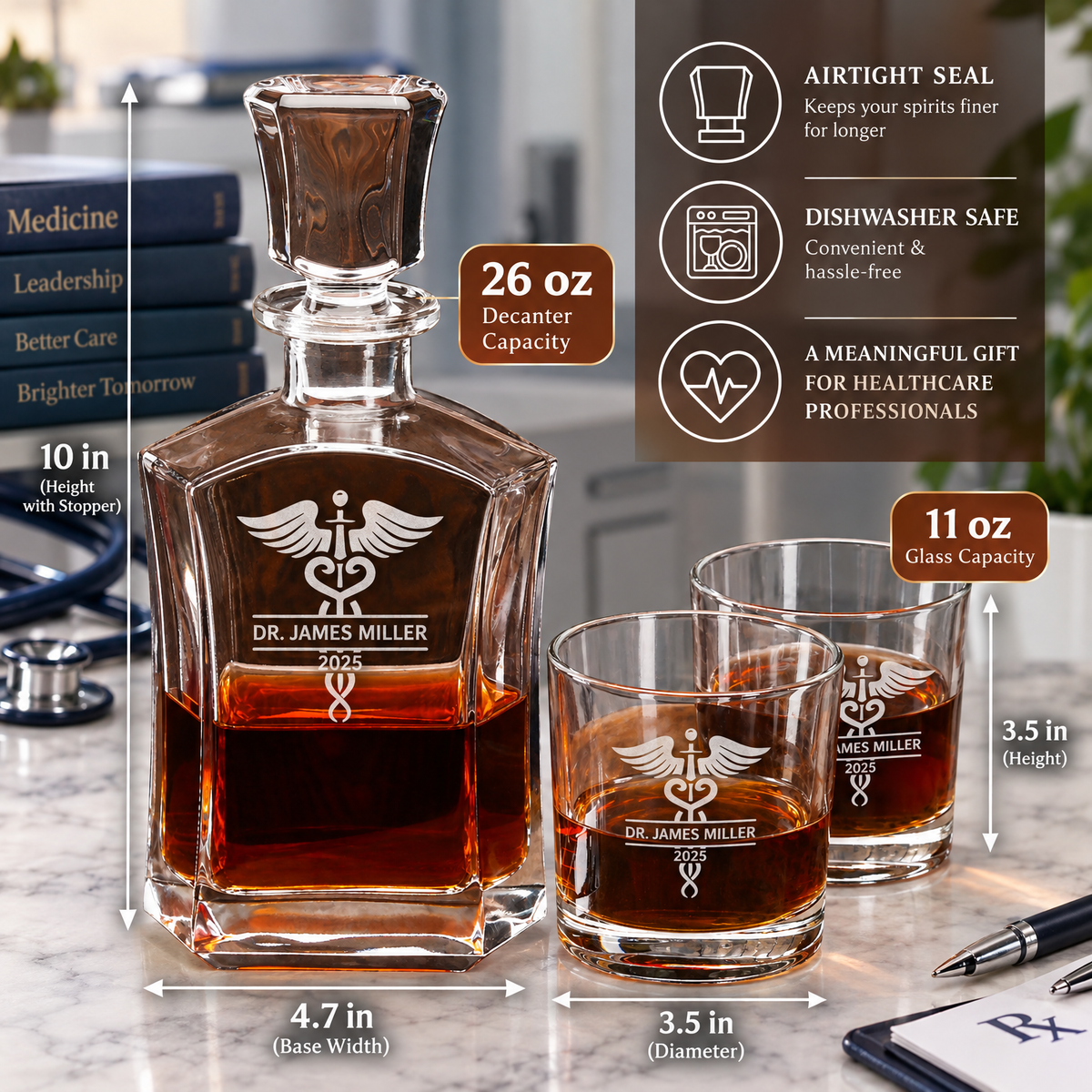 Healthcare Company Gifts – Slick Decanter Set with 2 Glasses, 9 Whiskey Stones & Wooden Box product image