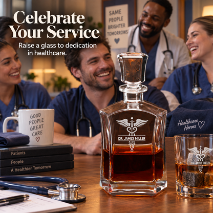Healthcare Company Gifts – Slick Decanter Set with 2 Glasses, 9 Whiskey Stones & Wooden Box – image 03