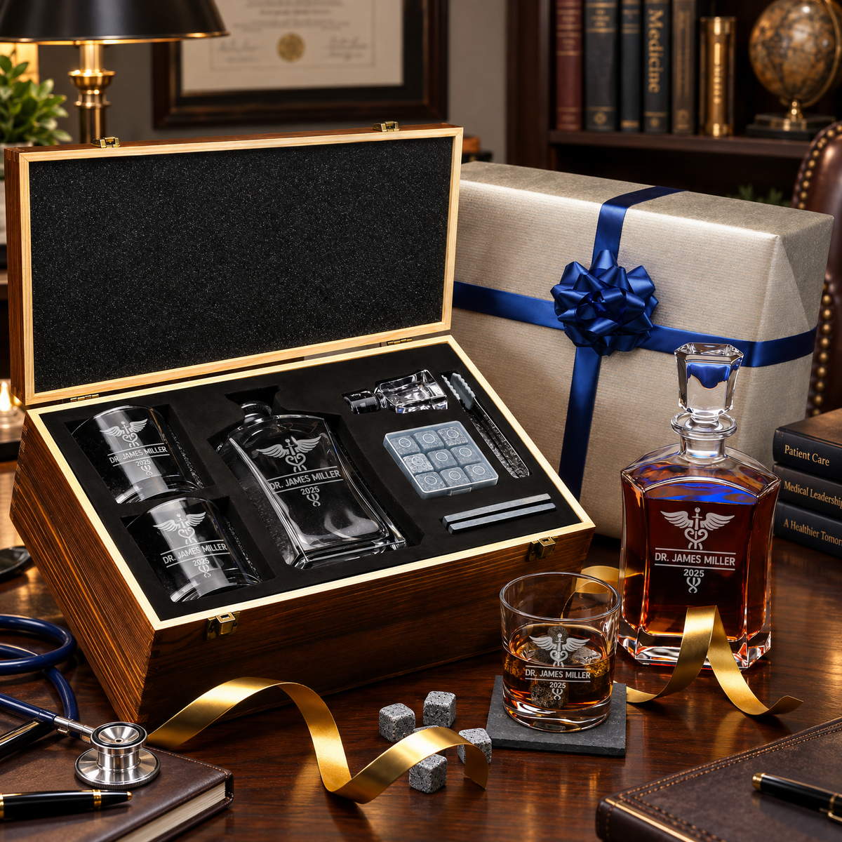 Healthcare Company Gifts – Slick Decanter Set with 2 Glasses, 9 Whiskey Stones & Wooden Box – image 04