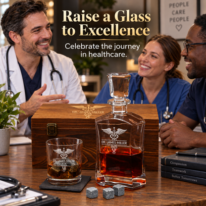 Healthcare Company Gifts – Slick Decanter Set with 2 Glasses, 9 Whiskey Stones & Wooden Box – image 07