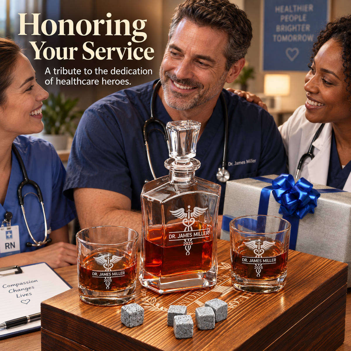 Healthcare Company Gifts – Slick Decanter Set with 2 Glasses, 9 Whiskey Stones & Wooden Box product image