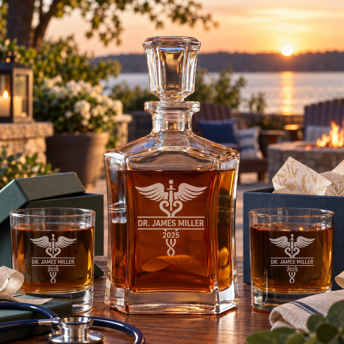 Healthcare Company Gifts – Slick Decanter Set with 2 Glasses, 9 Whiskey Stones & Wooden Box product image