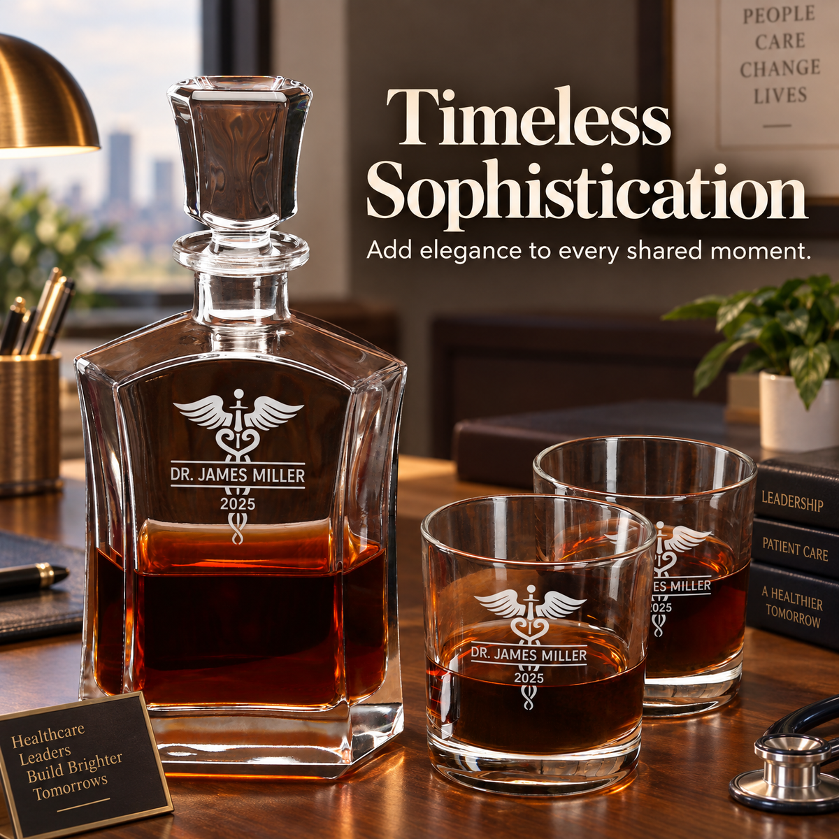 Healthcare Company Gifts – Slick Decanter Set with 2 Glasses, 9 Whiskey Stones & Wooden Box – image 12