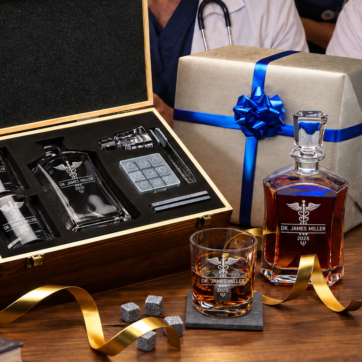 Healthcare Company Gifts – Slick Decanter Set with 2 Glasses, 9 Whiskey Stones & Wooden Box product image
