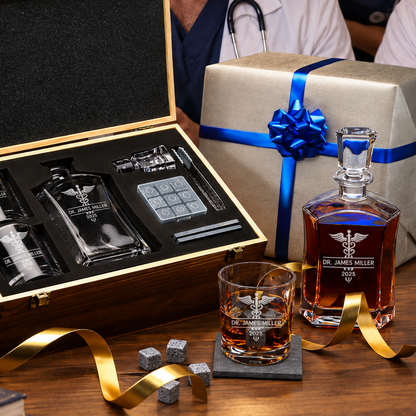 Healthcare Company Gifts – Slick Decanter Set with 2 Glasses, 9 Whiskey Stones & Wooden Box – image 13