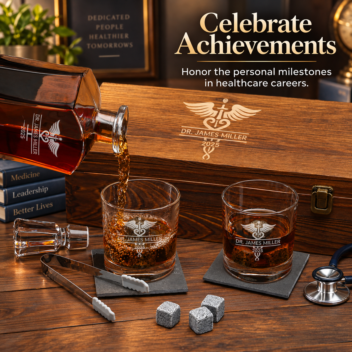 Healthcare Company Gifts – Slick Decanter Set with 2 Glasses, 9 Whiskey Stones & Wooden Box – image 14