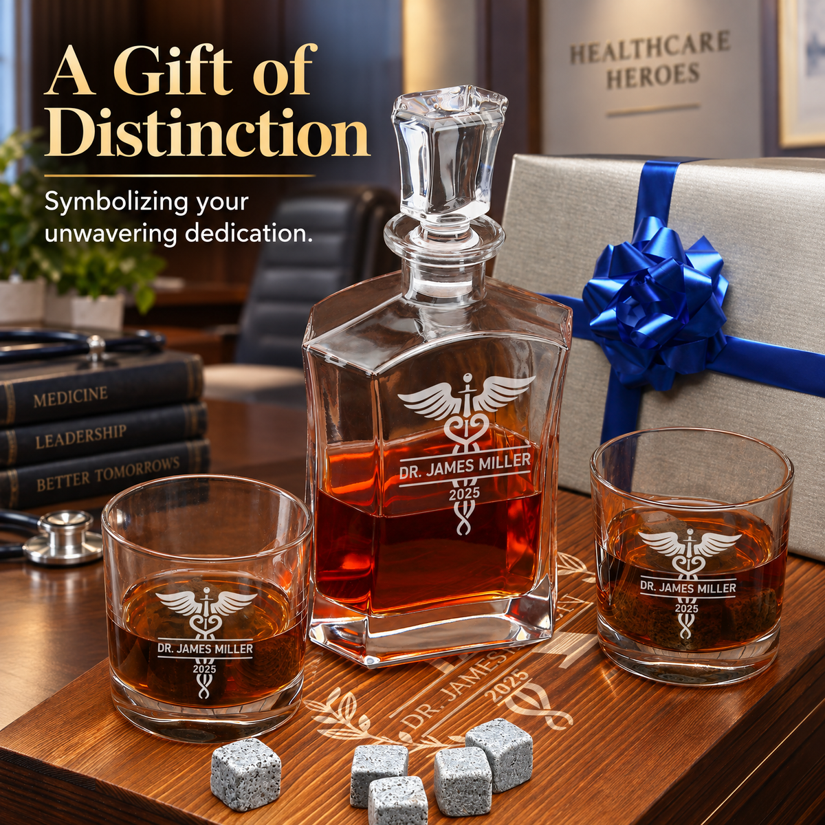 Healthcare Company Gifts – Slick Decanter Set with 2 Glasses, 9 Whiskey Stones & Wooden Box product image
