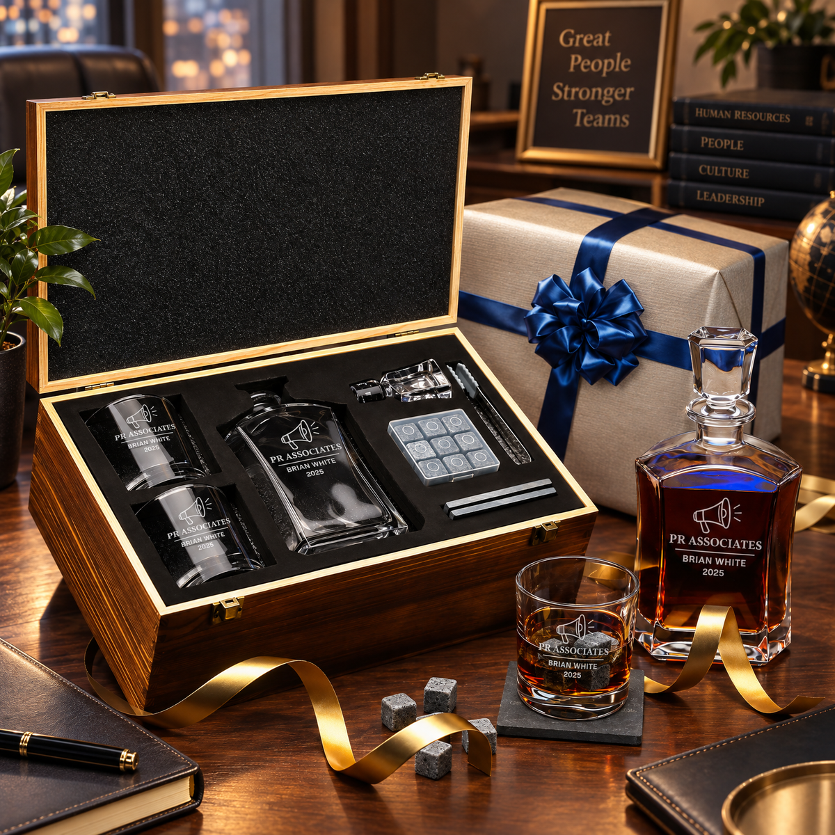 Human Resources Company Gifts – Slick Decanter Set with 2 Glasses, 9 Whiskey Stones & Wooden Box – image 04