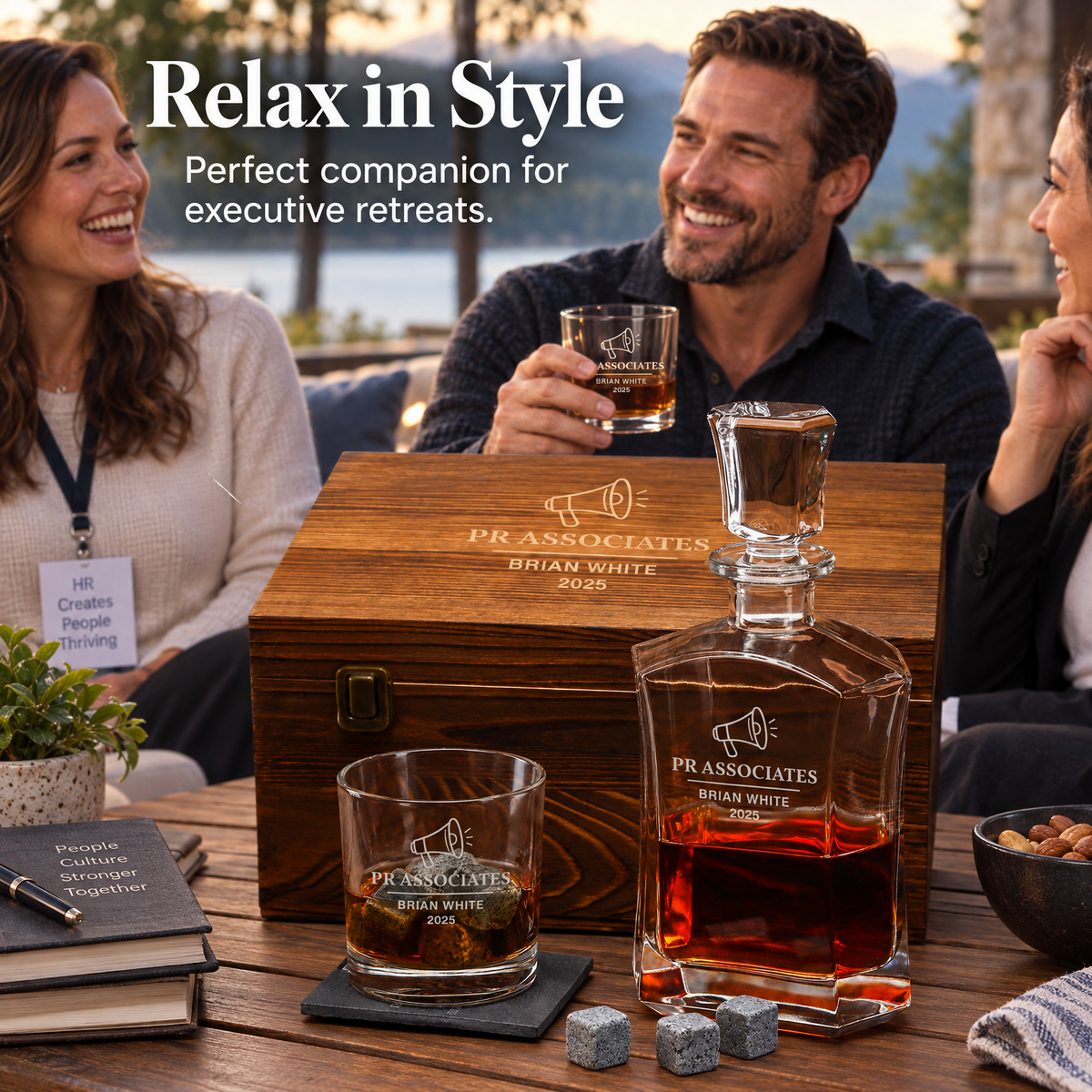 Human Resources Company Gifts – Slick Decanter Set with 2 Glasses, 9 Whiskey Stones & Wooden Box product image