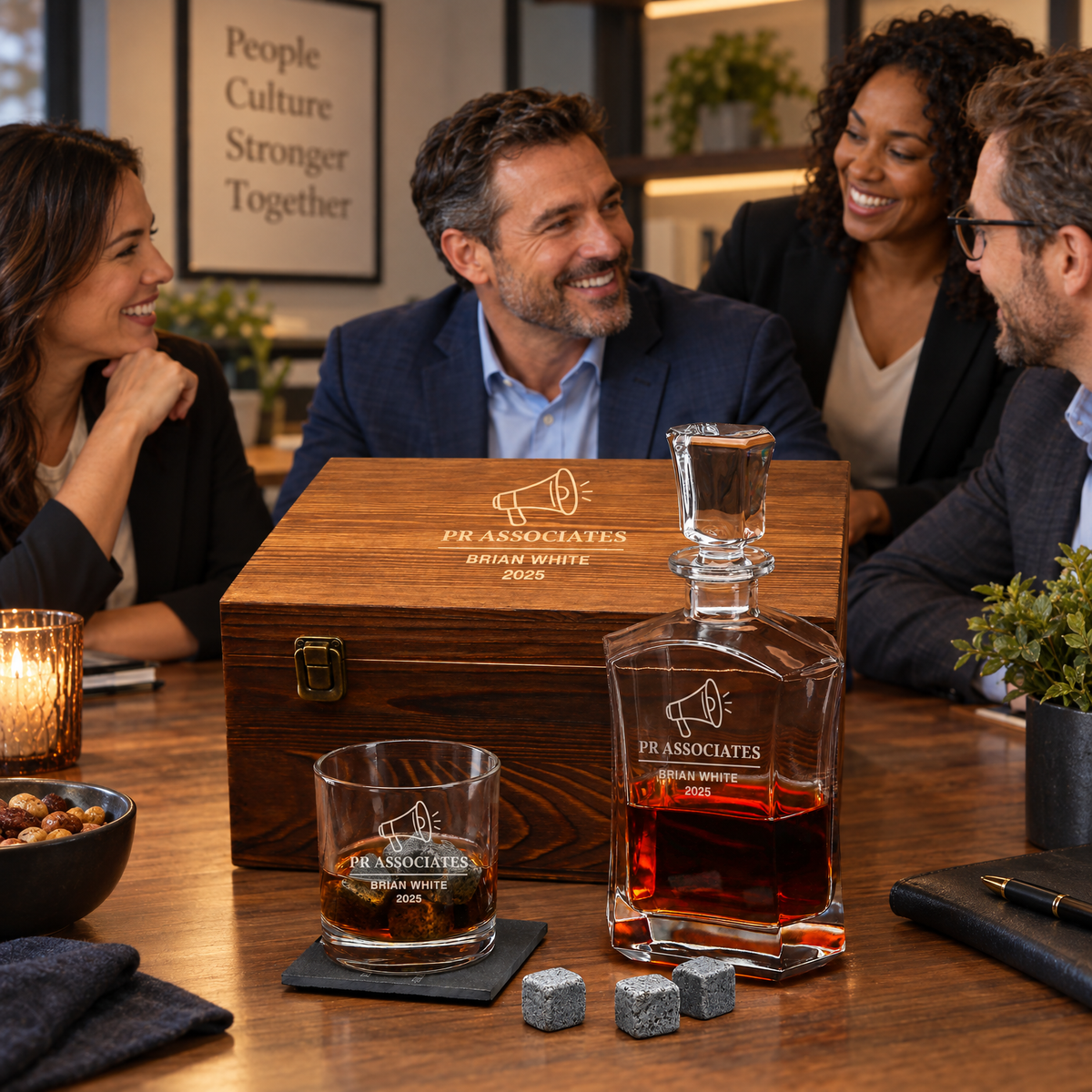 Human Resources Company Gifts – Slick Decanter Set with 2 Glasses, 9 Whiskey Stones & Wooden Box product image