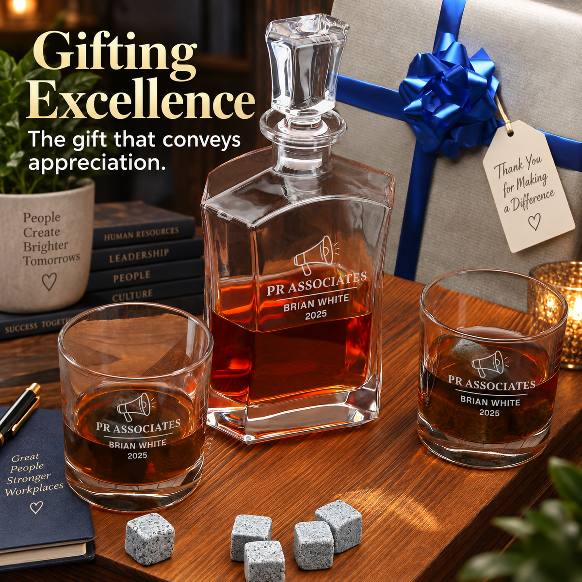 Human Resources Company Gifts – Slick Decanter Set with 2 Glasses, 9 Whiskey Stones & Wooden Box – image 16