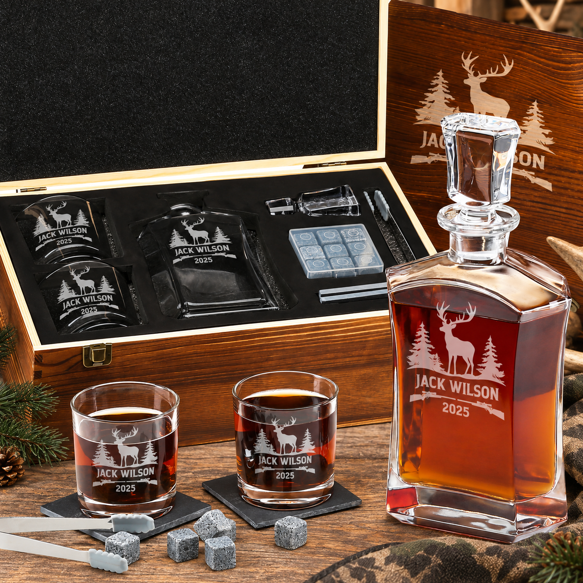 Gift for Hunters – Slick Decanter Set with 2 Glasses, 9 Whiskey Stones & Wooden Box product image