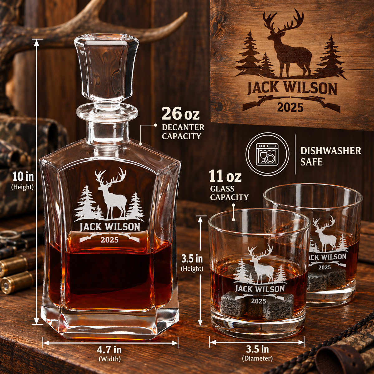 Gift for Hunters – Slick Decanter Set with 2 Glasses, 9 Whiskey Stones & Wooden Box product image