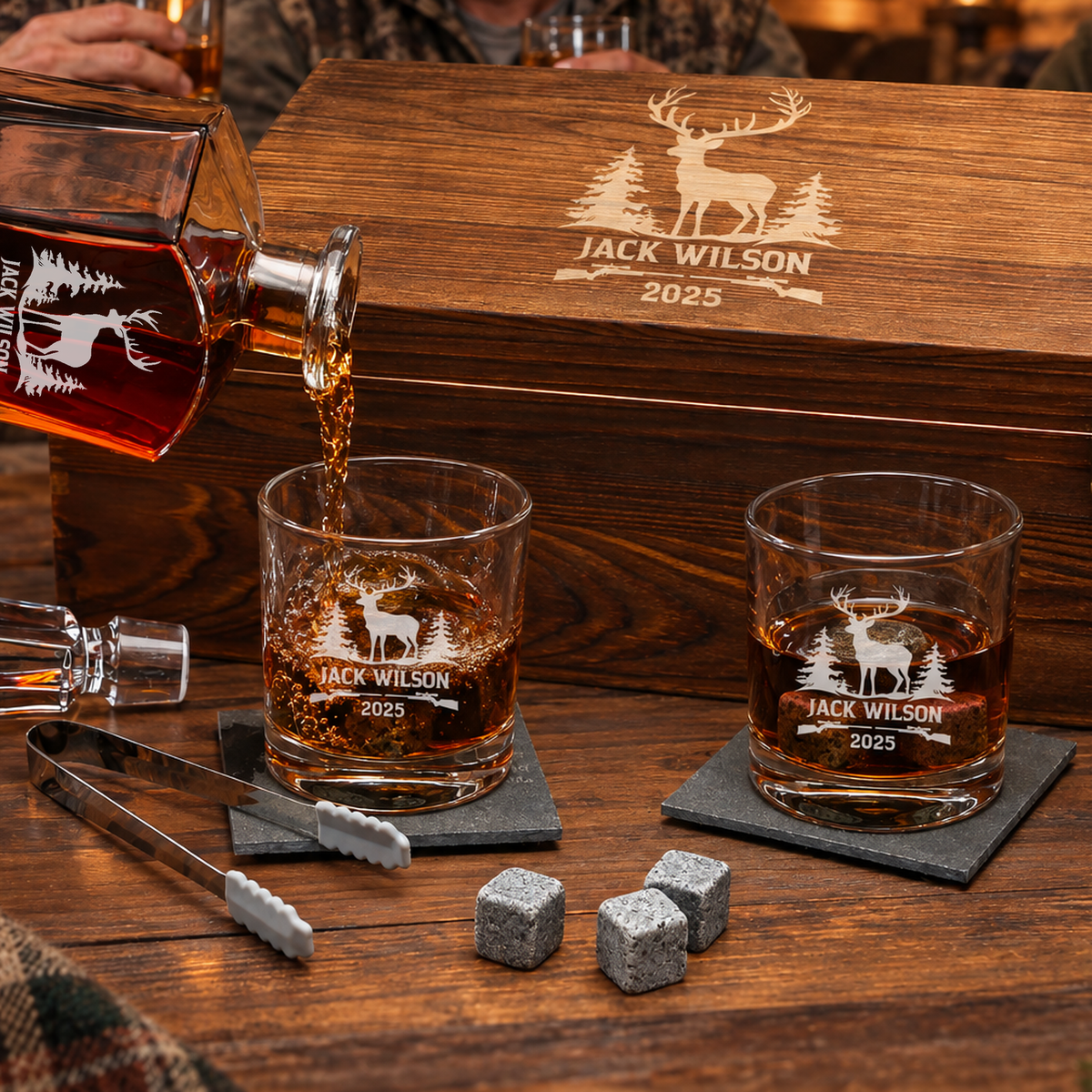 Gift for Hunters – Slick Decanter Set with 2 Glasses, 9 Whiskey Stones & Wooden Box – image 05