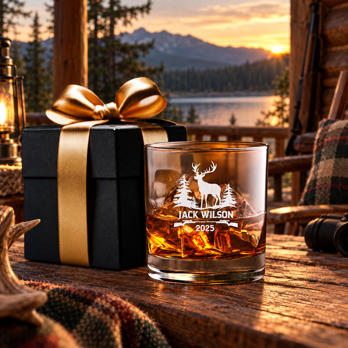 Gift for Hunters – Slick Decanter Set with 2 Glasses, 9 Whiskey Stones & Wooden Box product image