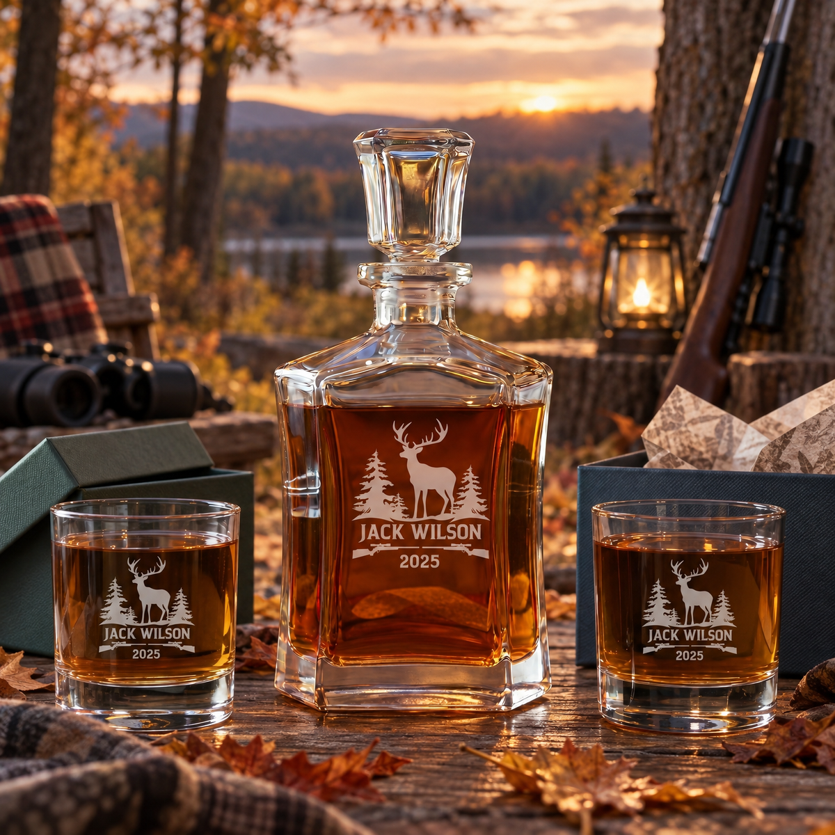 Gift for Hunters – Slick Decanter Set with 2 Glasses, 9 Whiskey Stones & Wooden Box – image 10