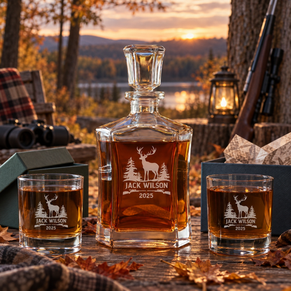 Gift for Hunters – Slick Decanter Set with 2 Glasses, 9 Whiskey Stones & Wooden Box – image 10