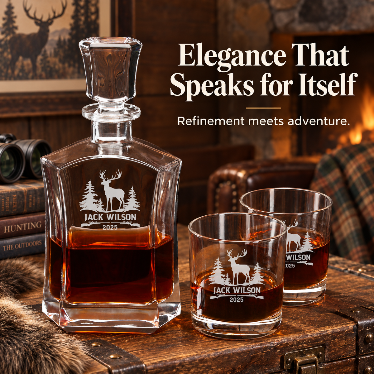 Gift for Hunters – Slick Decanter Set with 2 Glasses, 9 Whiskey Stones & Wooden Box product image