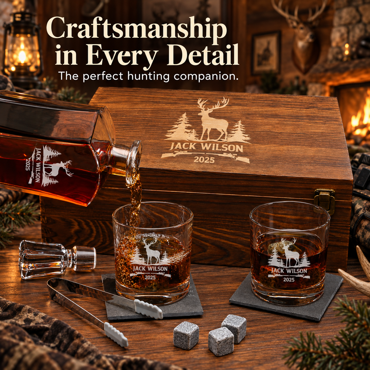 Gift for Hunters – Slick Decanter Set with 2 Glasses, 9 Whiskey Stones & Wooden Box – image 14