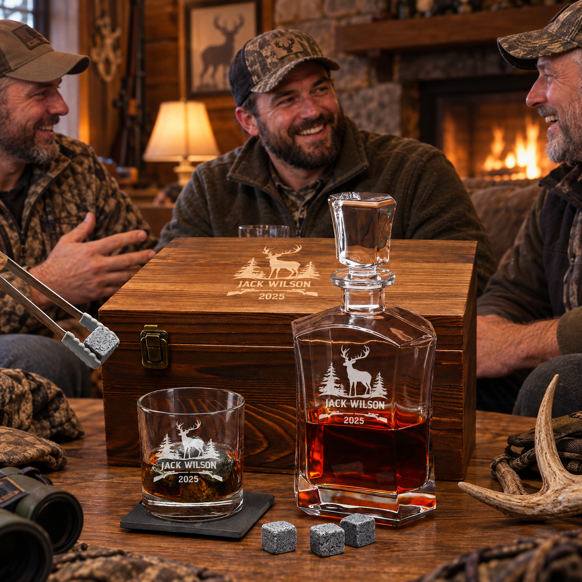 Gift for Hunters – Slick Decanter Set with 2 Glasses, 9 Whiskey Stones & Wooden Box product image