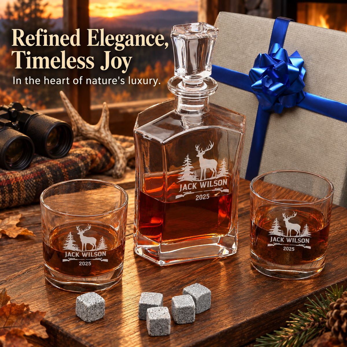 Gift for Hunters – Slick Decanter Set with 2 Glasses, 9 Whiskey Stones & Wooden Box product image