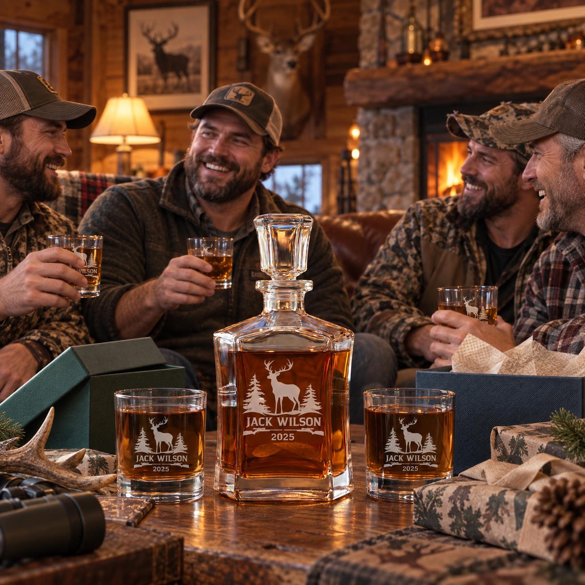 Gift for Hunters – Slick Decanter Set with 2 Glasses, 9 Whiskey Stones & Wooden Box product image