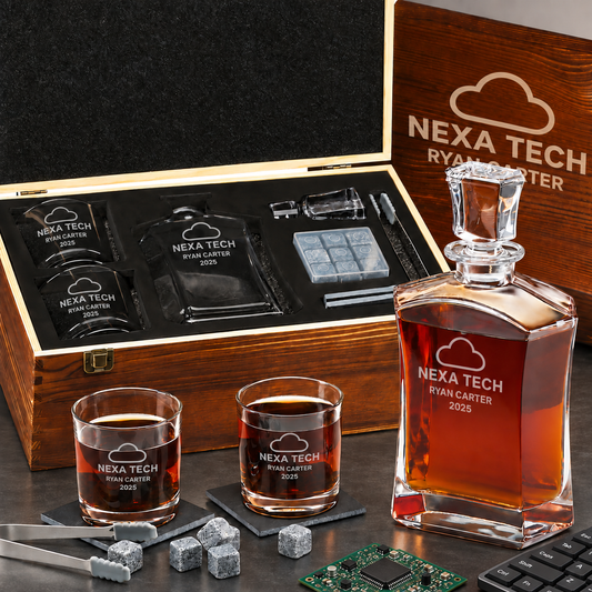 Technology Company Gifts – Slick Decanter Set with 2 Glasses, 9 Whiskey Stones & Wooden Box – image 01
