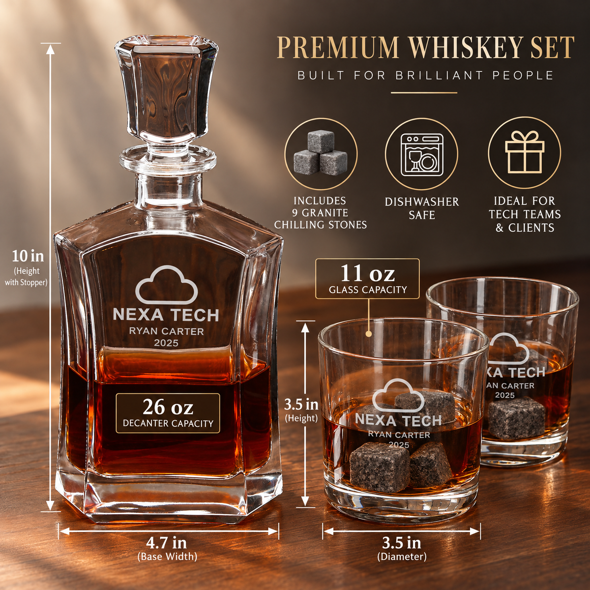 Technology Company Gifts – Slick Decanter Set with 2 Glasses, 9 Whiskey Stones & Wooden Box product image