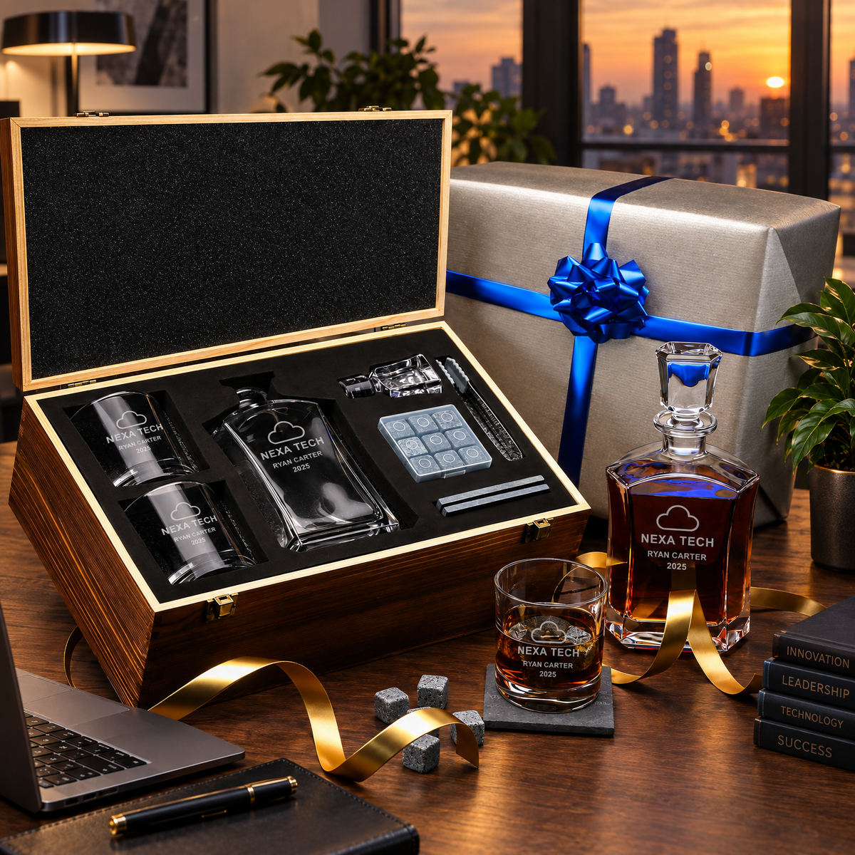 Technology Company Gifts – Slick Decanter Set with 2 Glasses, 9 Whiskey Stones & Wooden Box product image
