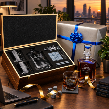 Technology Company Gifts – Slick Decanter Set with 2 Glasses, 9 Whiskey Stones & Wooden Box – image 04