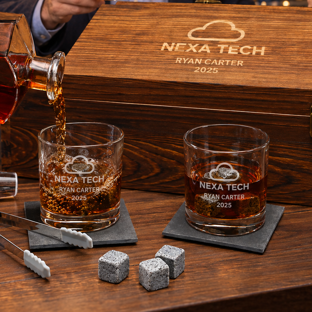 Technology Company Gifts – Slick Decanter Set with 2 Glasses, 9 Whiskey Stones & Wooden Box – image 05