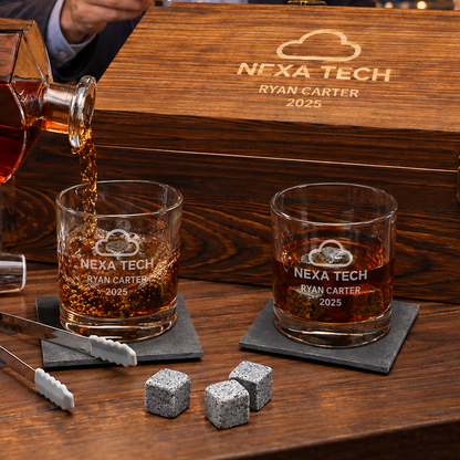 Technology Company Gifts – Slick Decanter Set with 2 Glasses, 9 Whiskey Stones & Wooden Box – image 05