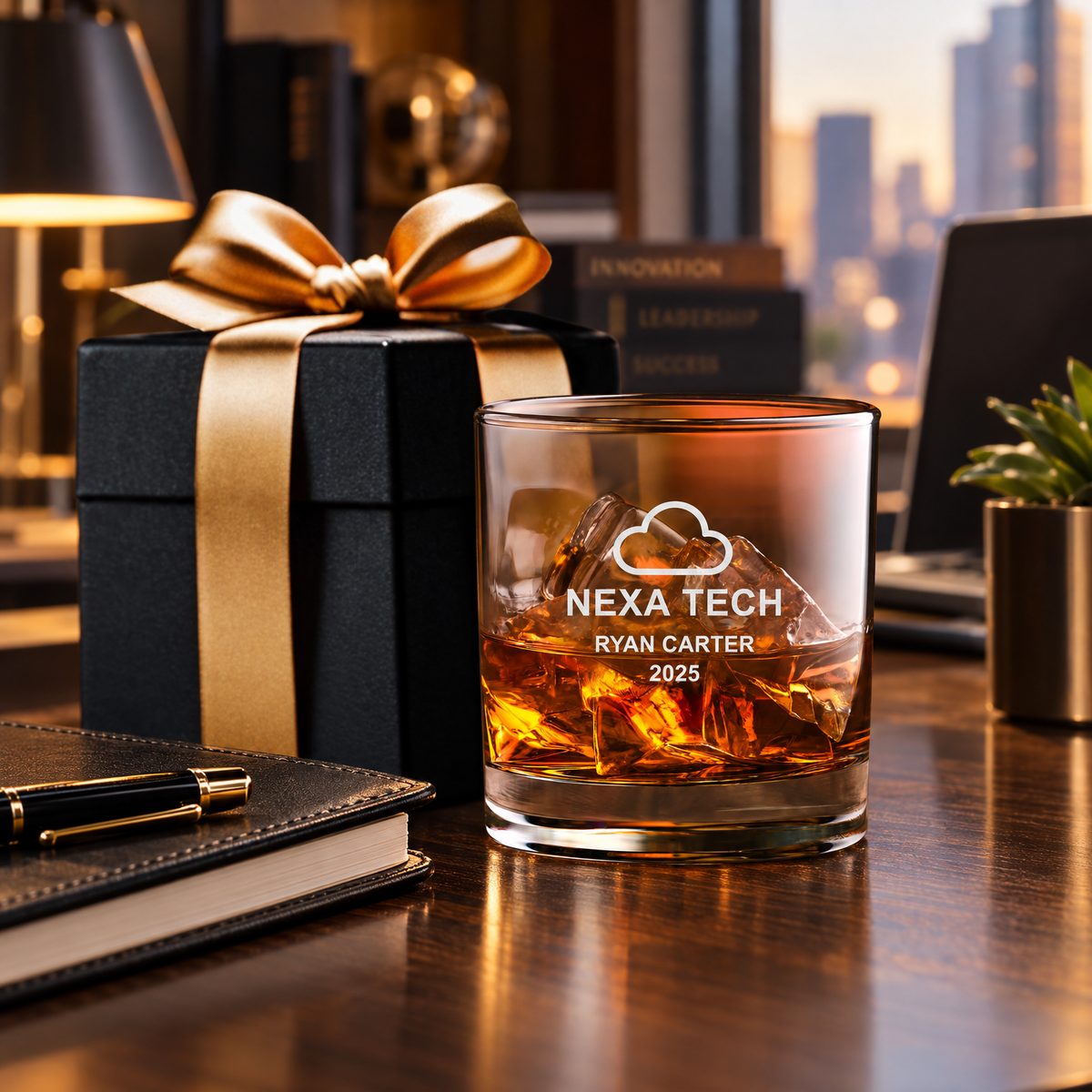 Technology Company Gifts – Slick Decanter Set with 2 Glasses, 9 Whiskey Stones & Wooden Box product image