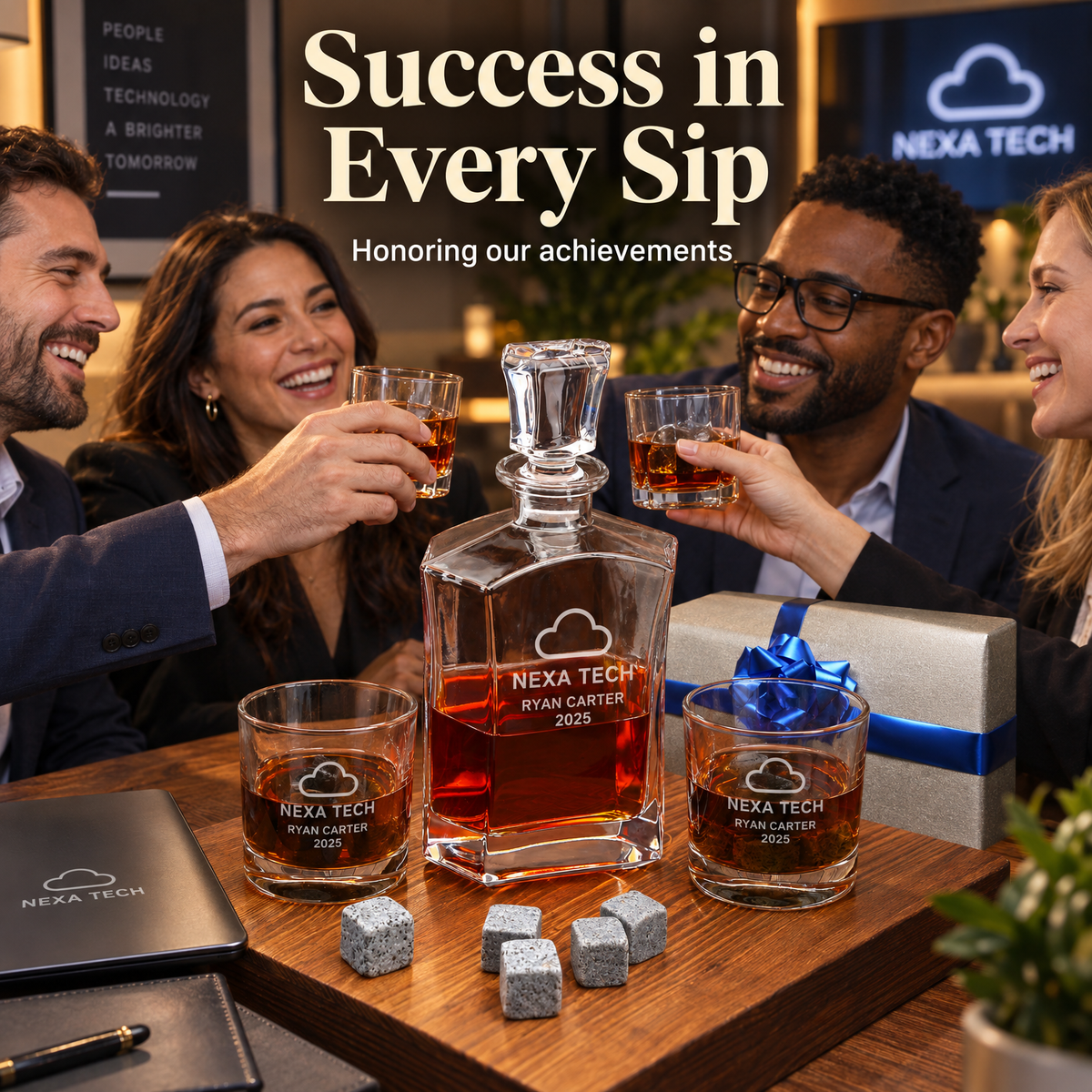 Technology Company Gifts – Slick Decanter Set with 2 Glasses, 9 Whiskey Stones & Wooden Box – image 09