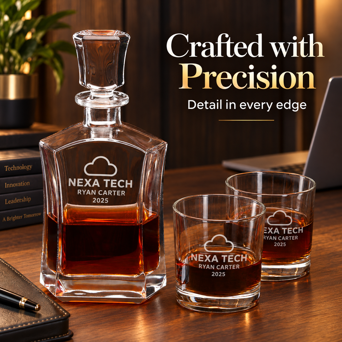 Technology Company Gifts – Slick Decanter Set with 2 Glasses, 9 Whiskey Stones & Wooden Box – image 12