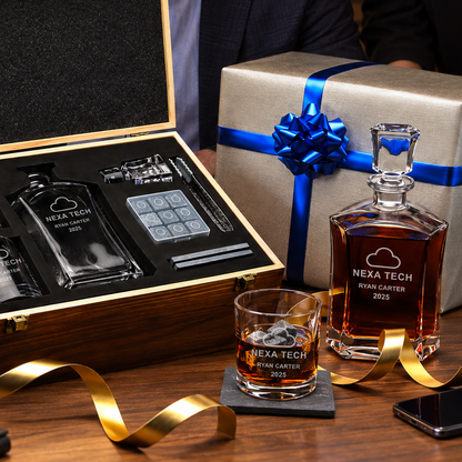 Technology Company Gifts – Slick Decanter Set with 2 Glasses, 9 Whiskey Stones & Wooden Box – image 13