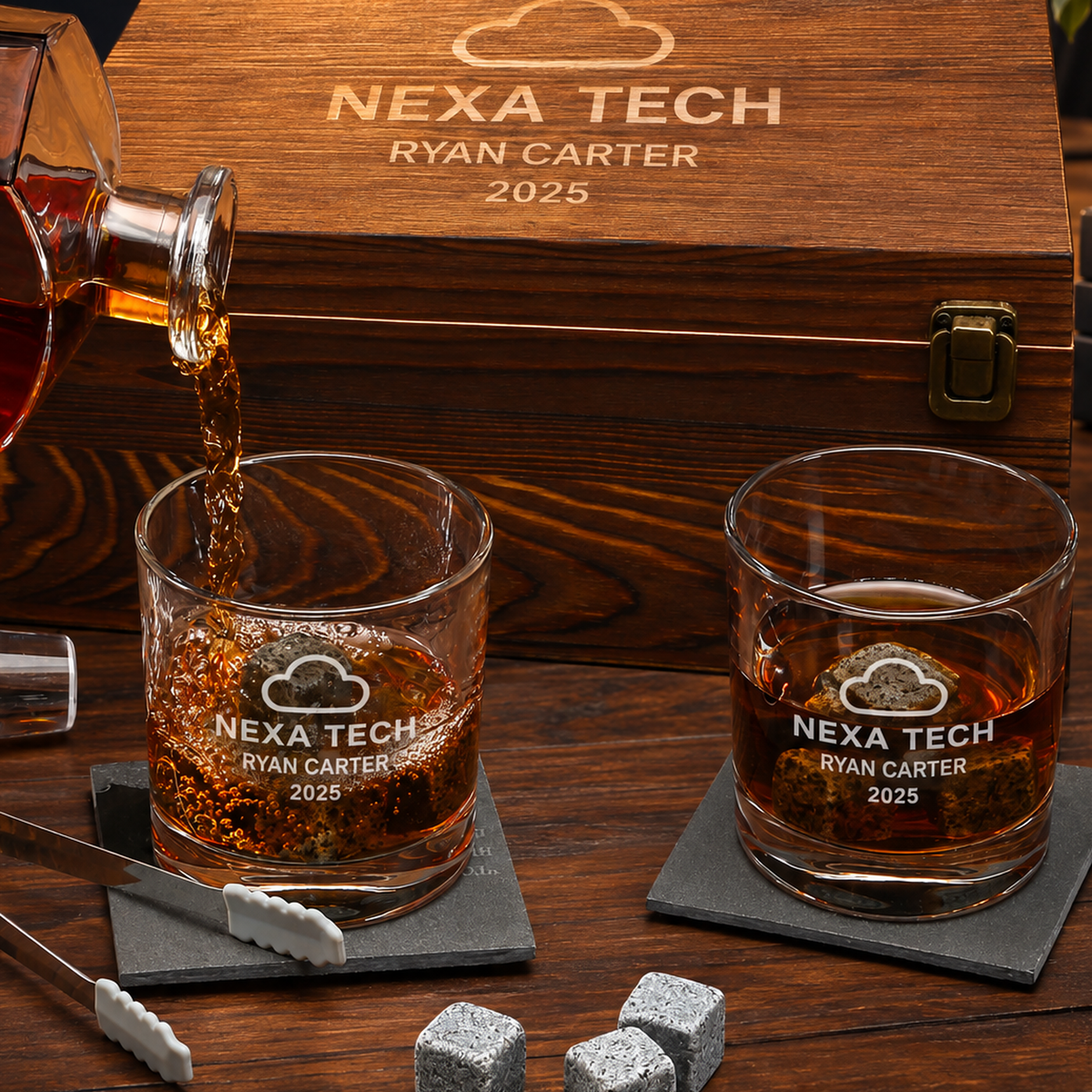 Technology Company Gifts – Slick Decanter Set with 2 Glasses, 9 Whiskey Stones & Wooden Box product image