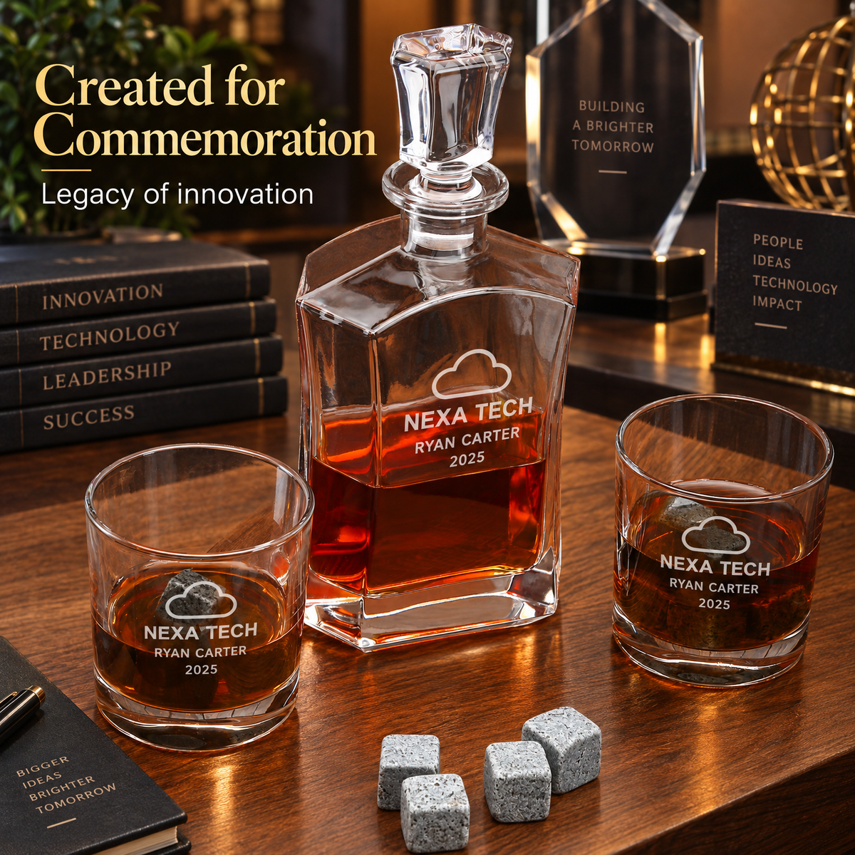 Technology Company Gifts – Slick Decanter Set with 2 Glasses, 9 Whiskey Stones & Wooden Box – image 16