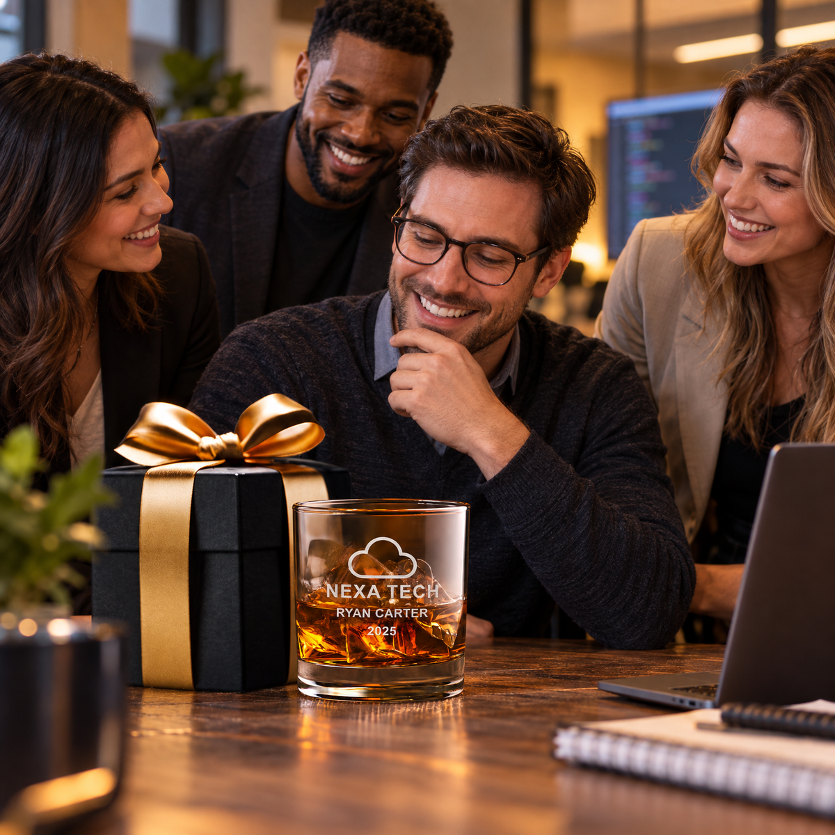 Technology Company Gifts – Slick Decanter Set with 2 Glasses, 9 Whiskey Stones & Wooden Box – image 19
